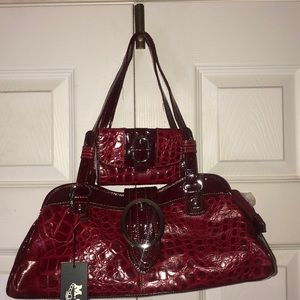 Red croc print handbag w/ matching trifold wallet